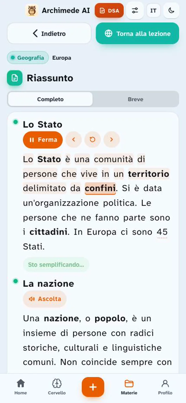 Riassunto in modalità DSA con lettura evidenziata
