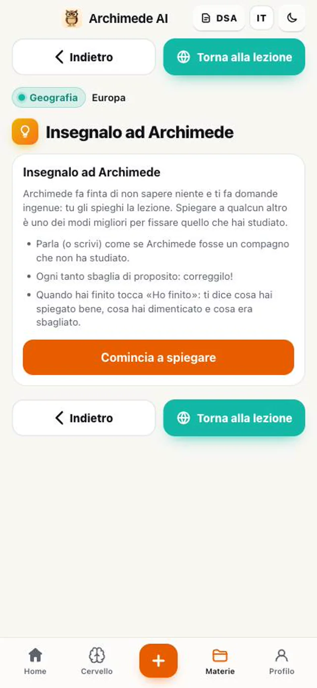 Schermata Insegnalo ad Archimede con Comincia a spiegare