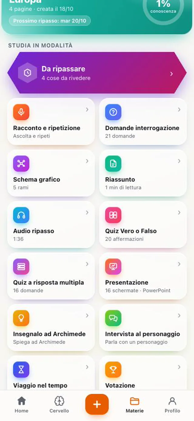 Pagina della lezione Europa con conoscenza, Da ripassare e gli strumenti di studio