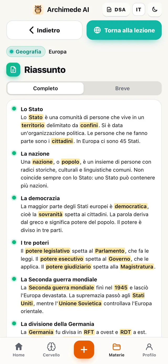 Riassunto della lezione con parole chiave evidenziate